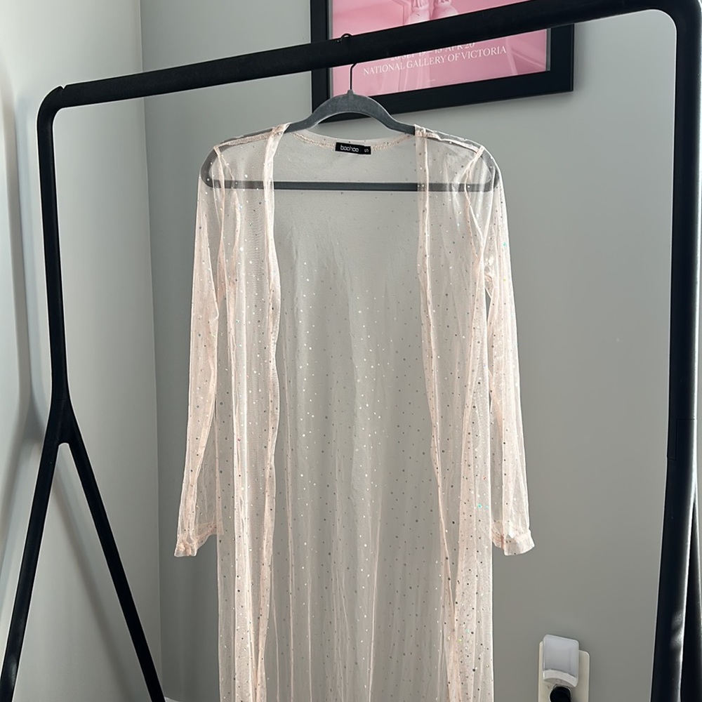 Boohoo Metallic Shimmer Sparkle Mesh Beach Kimono Pink Nude Small